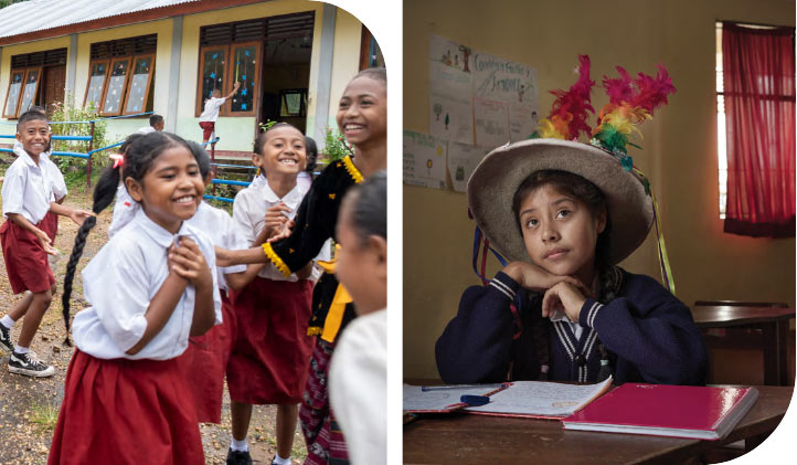 A group of children in school uniforms gather excitedly in a schoolyard in Indonesia. At right: 11-year-old Violeta from Bolivia sits in a classroom, daydreaming about becoming a ballerina