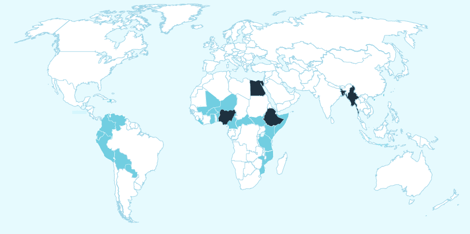 Map of countries where Plan has protection from violence projects