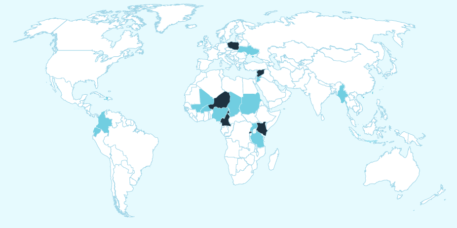 Map of countries where Plan has humanitarian response projects