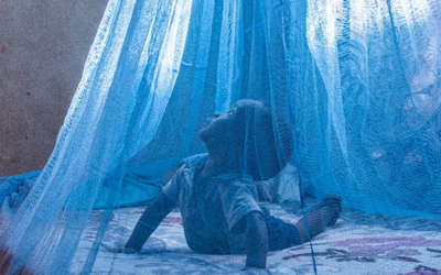 A child on a bed draped with a blue mosquito net.