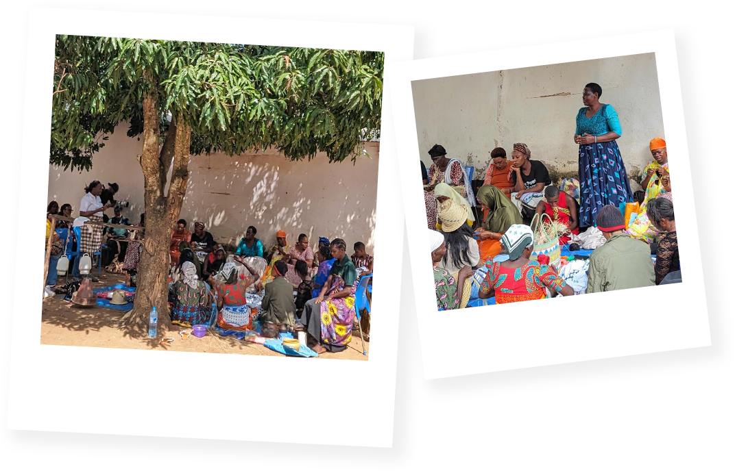 First photo on the left shows a large group of people sitting around a tree. The second photo on the right shows a woman dressed in a blue long sleeve top and long blue skirt stand up among a group of people who are sitting down.
