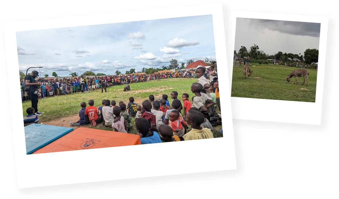 Two polaroid-style photos. The first one on the left shows a group of children gathered to watch a soccer match in an open field. The second photo on the right shows two donkeys that also showed up to watch the game.