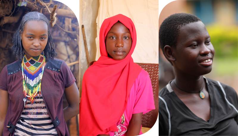 Loko, an 18-year-old girl, stands outside a hut wearing a traditional Ethiopian beaded necklace. Reshma, an adolescent girl wearing a purple hijab, sits at her desk beside her classmates and smiles. Ansam, a 12-year-old girl, sits dressed in a red hijab.