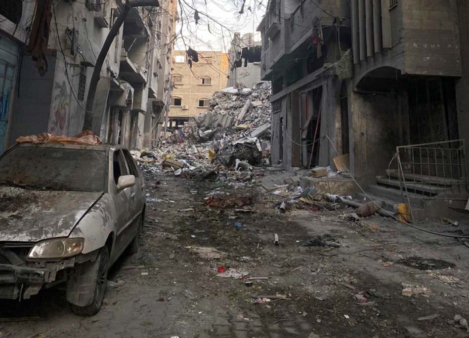 Rubble and damaged buildings after a bomb blast in Gaza 