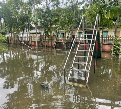 Second image showing the outside of a flooded school
