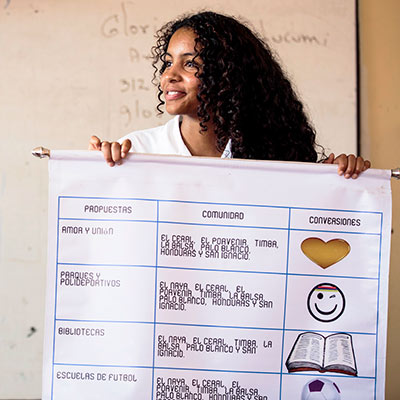 A girl and boy present their learnings together in a Plan International workshop.