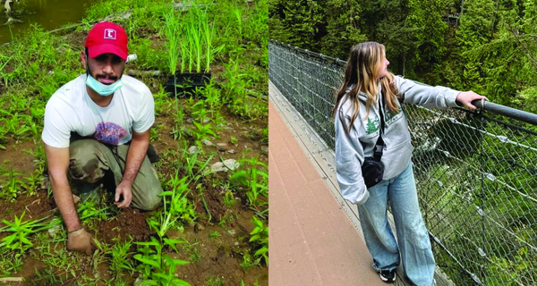 Left: a young man in a white t-shirt and red cap, kneeling on soil near a creek while planting small green seedlings in a field. Right: a young girl with long blonde hair and a grey hoodie standing on a suspension bridge, looking at a view of tall trees under a partly cloudy sky. 