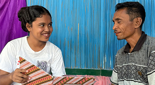 Collage showing scenes from Juwita’s life: spending time with her father at home, taking part in school activities, and travelling to school by motorbike.