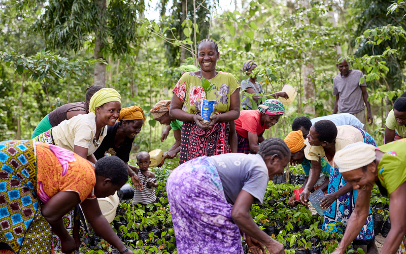 AA woman smiling while holding a young plant, surrounded by other women planting seedlings, representing community-led climate resilience efforts