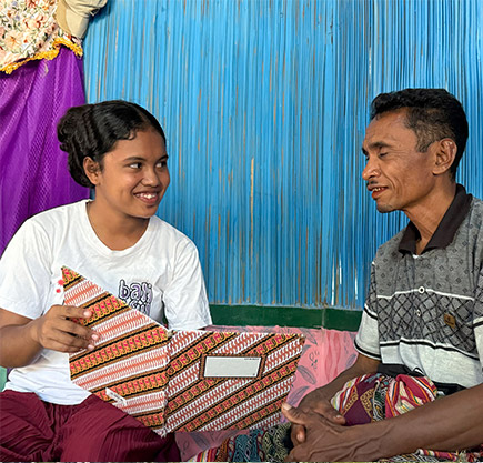 Collage showing scenes from Juwita’s life: spending time with her father at home, taking part in school activities, and travelling to school by motorbike.