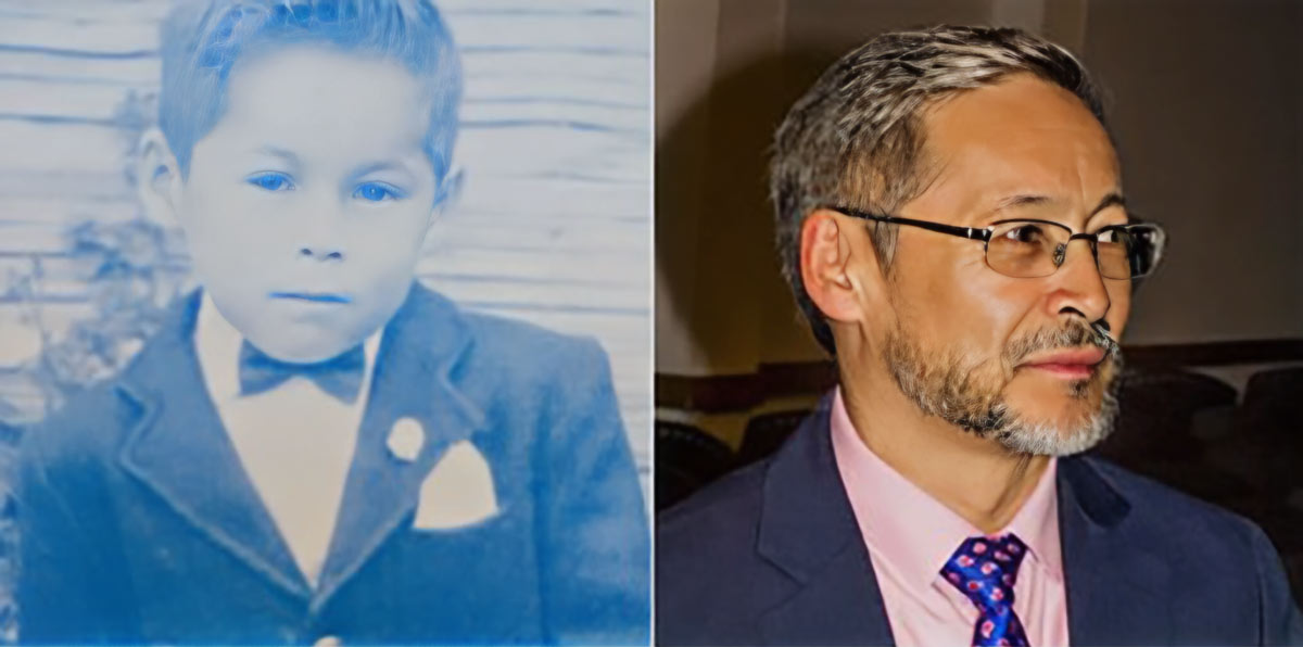 An old two-tone photo of a young boy wearing a suit next to a current-day photo of the man the boy grew up to be