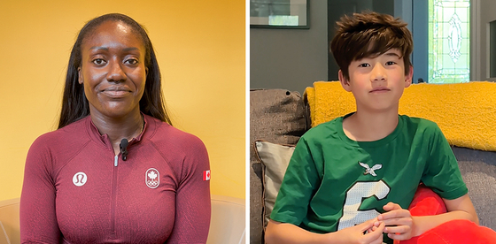 Bobsledder Cynthia Appiah on split screen with a young man