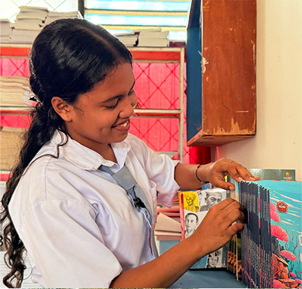 Collage showing scenes from Juwita’s life: spending time with her father at home, taking part in school activities, and travelling to school by motorbike.