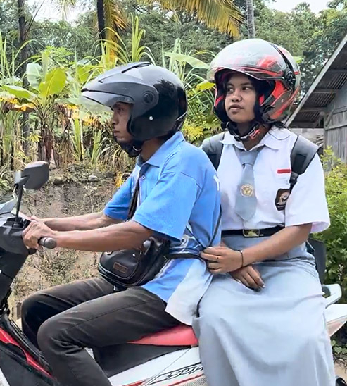 Collage showing scenes from Juwita’s life: spending time with her father at home, taking part in school activities, and travelling to school by motorbike.