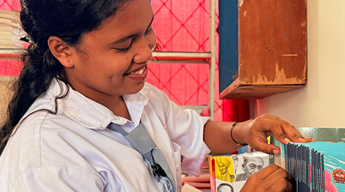 Collage showing scenes from Juwita’s life: spending time with her father at home, taking part in school activities, and travelling to school by motorbike.