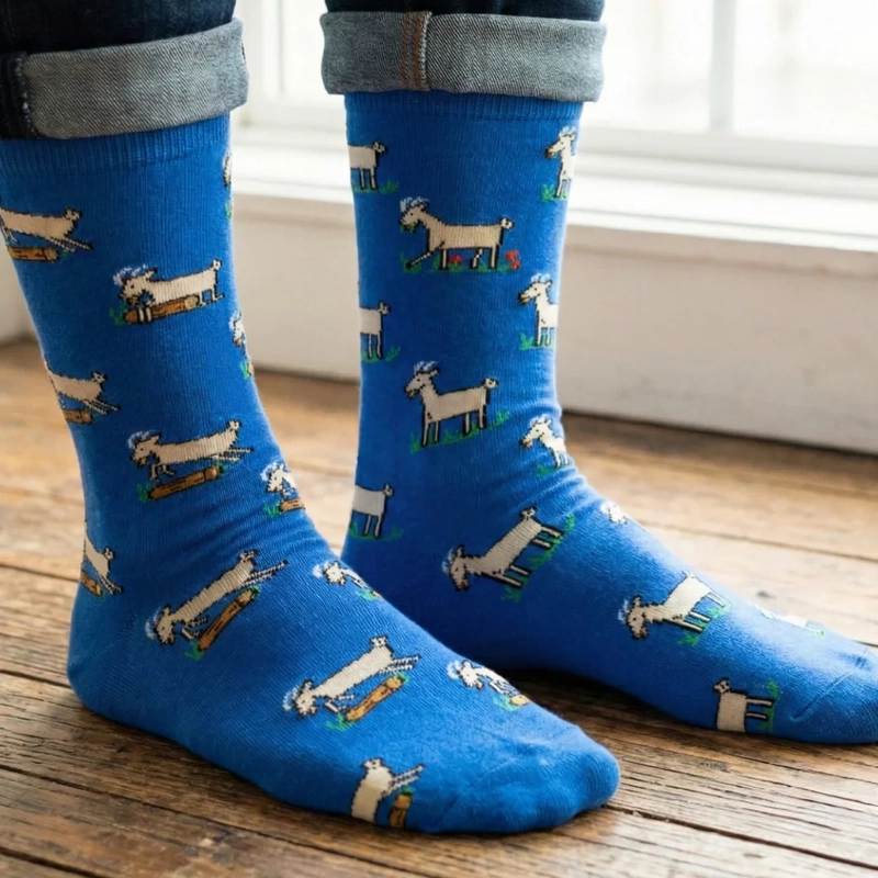 A person wearing bright blue socks patterned with small white goats.
