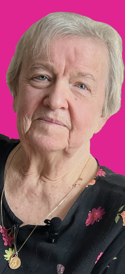 A collage of two women and a man behind coloured backgrounds.