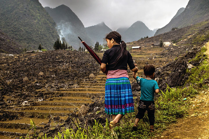 Girl walking in remote Vietnam