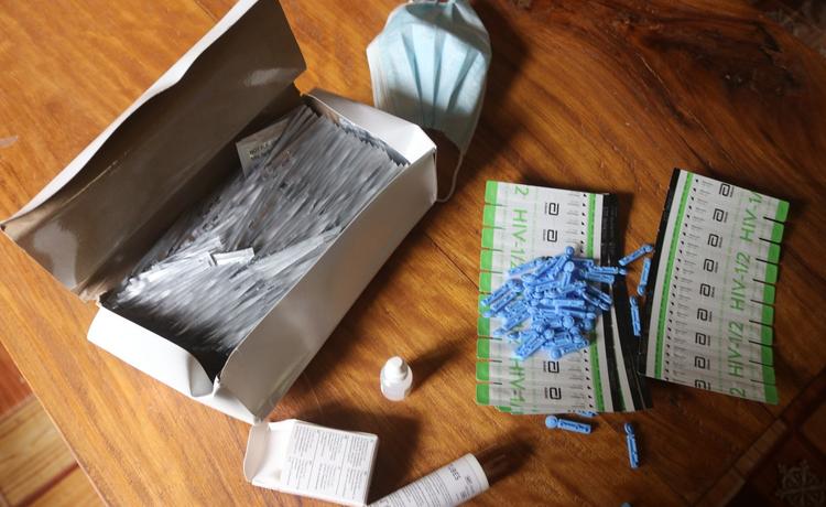 An HIV test kit used by peer educators in an HIV- prevention program in Liberia.