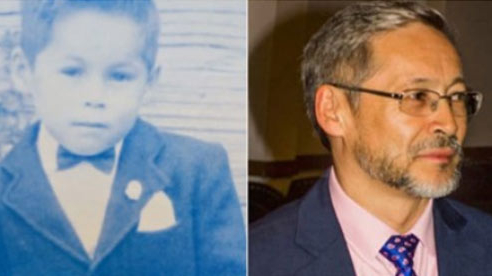 An old two-tone photo of a young boy wearing a suit, next to a current-day photo of the man the boy grew up to be.