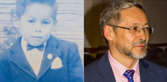 An old two-tone photo of a young boy wearing a suit next to a current-day photo of the man the boy grew up to be